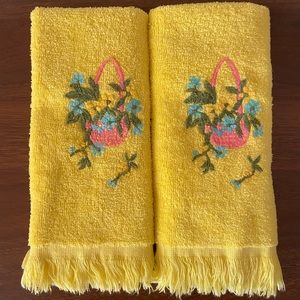 Vintage bright yellow tea towels with embroidered basket and flowers by bucilla
